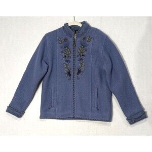 VINTAGE Icelandic Design SM Blue Boiled Wool Sweater Jacket Floral Embroidery